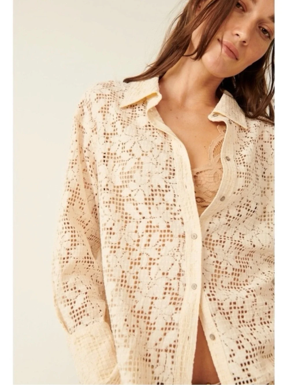 Free People Dainty Ethereal In Your Dreams Lace Button Down Shirt Ivory Large